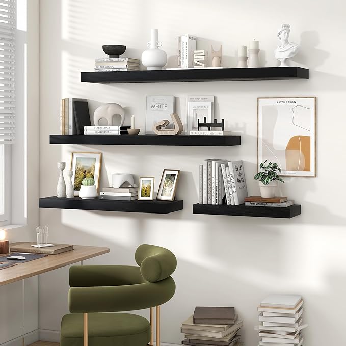 Heimlove Floating Shelves for Wall 55 Inch Long,Extra Large and Thick Wood Shelves Mounted Storage Hanging Shelf Invisible Bracket for Bedroom,Living Room,Kitchen,Office,Set of 2,Black