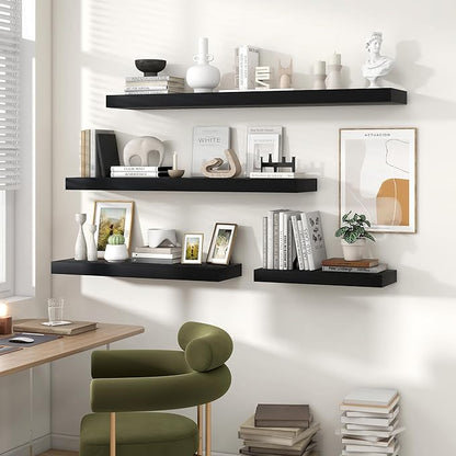 Heimlove Floating Shelves for Wall 48 Inch Long,Extra Large and Thick Wood Shelves Mounted Storage Hanging Shelf Invisible Bracket for Bedroom,Living Room,Kitchen,Office,Set of 2,Black