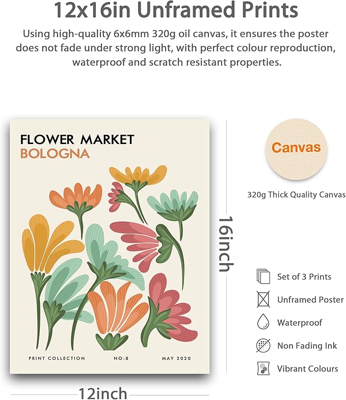 HesenDot Unframed Floral Wall Art Set of 3,12x16in Flower Market Canvas Prints,Abstract Botanical Posters Decor,Minimalist Amsterdam Stockholm Bologna Artwork for Living Room Bedroom Office Home