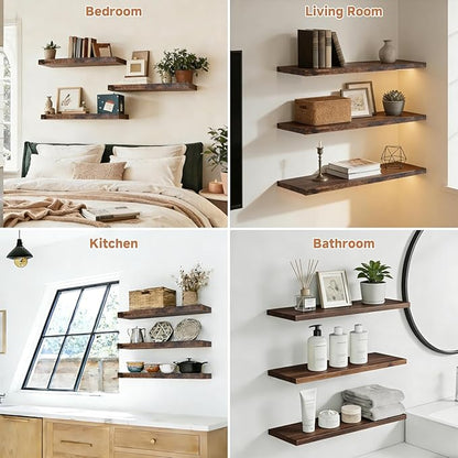 Assembly Easy Floating Shelves Set of 3,24 Inch Wall Mounted Wooden Shelf, Rustic Hanging Shelves for Home Decor, Books and Storage, Organizer for Bedroom,Small Bathroom,Kitchen,Vintage Brown