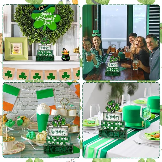 DIYDEC 4Pcs St.Patrick's Day Table Decoration Shamrocks Wooden Block Signs Rustic St. Patrick Tiered Tray Decor Happy St.Patrick's Day Centerpiece Sign for Farmhouse Holiday Tabletop Home Party Decor