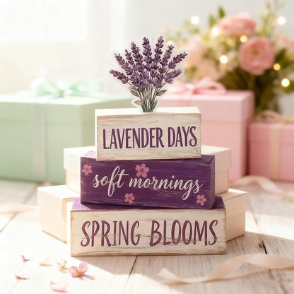 Spring Decoration Wooden Tiered Tray Decor – Rustic Lavender Days Stacked Block Sign with Lavender Flower Topper – Farmhouse Tabletop Spring Decor for Living Room Shelf Kitchen Coffee Bar Seasonal Home Display