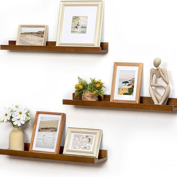 Picture Ledge Wall Shelves 24 inches Width Set of 3, Solid Pine Wood Rustic Floating Ledge Shelves for Wall for Kids' Room Bedroom Kitchen Bathroom Living Room Nursery Display Wall Decor, Walnut