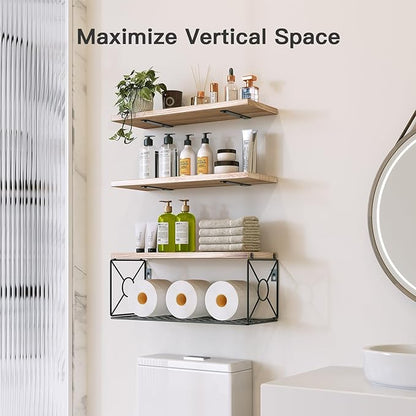 Amada Bathroom Shelves Over Toilet with Storage Basket, Floating Wall Shelf for Home Organization & Wall Decor, Bathroom/Kitchen/Living Room Shelves–Natural Wood