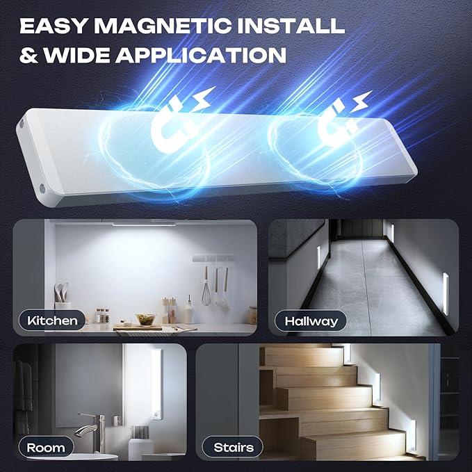 Under Cabinet Lighting Wireless LED Motion Sensor Magnetic Light 2200maAh Rechargeable Indoor Closet Lights for Kitchen, Stairs (2, Cool White, 10 Inch)