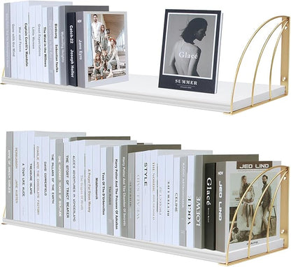 Gold White Shelves Pine Wood 23.5×7.87 Inch Book Shelf for Wall with Elegant Lines,Gold Floating Shelves,Floating Shelves for Wall,White Floating Bookshelf Set of 2.