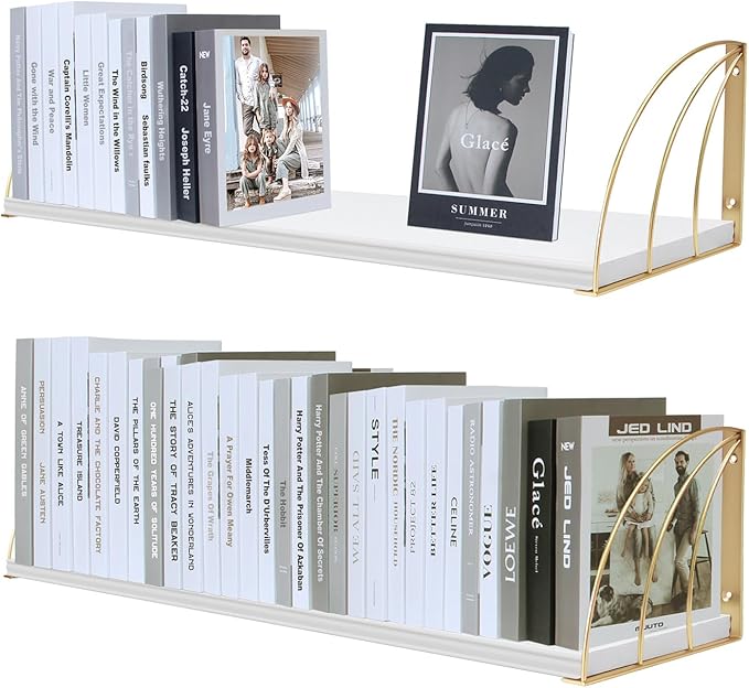 White Wall Bookshelf Pine Wood Large 31.5×7.87 Inch White and Gold Floating Shelves with Elegant Lines,Floating Book Shelves for Wall,White Gold Shelves,Floating Bookshelves Set of 2.