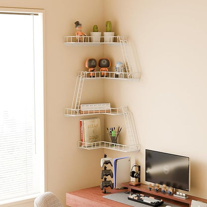Fire Escape Wall Shelf - Modern City Style 4-Tier Corner Wall Shelves, Easy to Install Metal Ladder Shelf for Figures, New York Decorative Shelves for Bathroom, Living Room & Home Decor,White