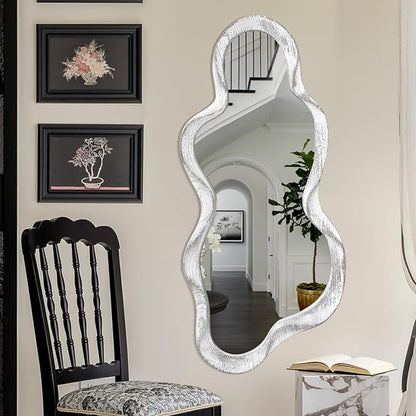 Large Asymmetrical Wall Mirror Irregular Wood Frame Modern Unique Wall-Mounted Artistic Wavy Mirror Decor Bathroom Vanity Bedroom Living Room Entryway Hallway 120x55cm Natural