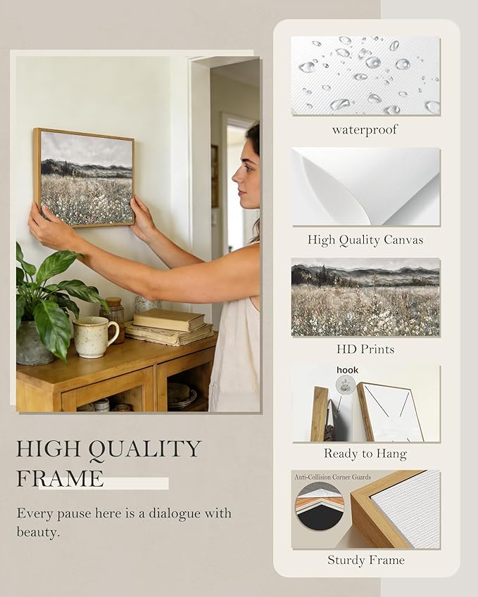 SHENIFY Vintage Landscape Framed Canvas Wall Art Prairie in Full Bloom Classic Painting Modern Farmhouse Bathroom Office Decor - 11x14in Natural Framed
