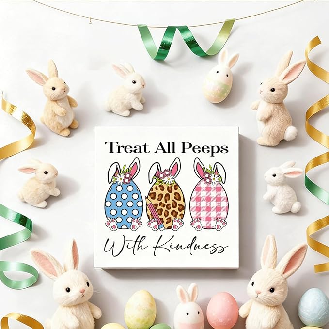 Easter Decorations Treat All Peeps With Kindness Wooden Box Sign, Cute Bunny Spring Desk Decor, Farmhouse Easter Shelf Plaque Gift for Teacher Classroom Home Office