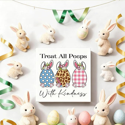 Easter Decorations Treat All Peeps With Kindness Wooden Box Sign, Cute Bunny Spring Desk Decor, Farmhouse Easter Shelf Plaque Gift for Teacher Classroom Home Office