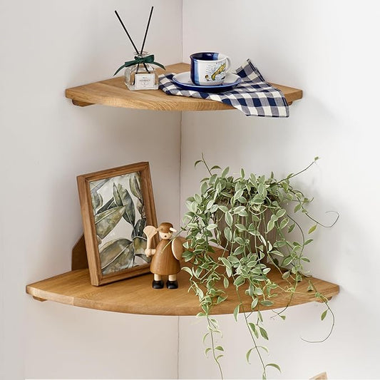 Corner Shelves Wall Mount, 7inch Oak Wood Floating Corner Shelves Set of 2 Round End Small Plant Shelf Wall Mount for Kitchen, Living Room, Bedroom