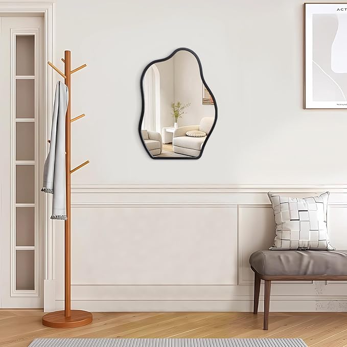 Asymmetrical Wood Frame Mirrors for Wall Oval Hanging Mirror Unique Irregular Modern Mirror for Entryway Hallway Living Room Bedroom Vanity Decorative Artistic Wall Mirror
