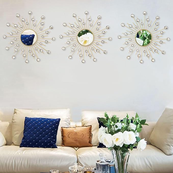 Uaussi 3 Pack Crystal Sunburst Wall Mirror Décor Rhinestone Mirrors Decorative Home Wall Art for Living Room Bedroom Entryway(Crystals Gold)