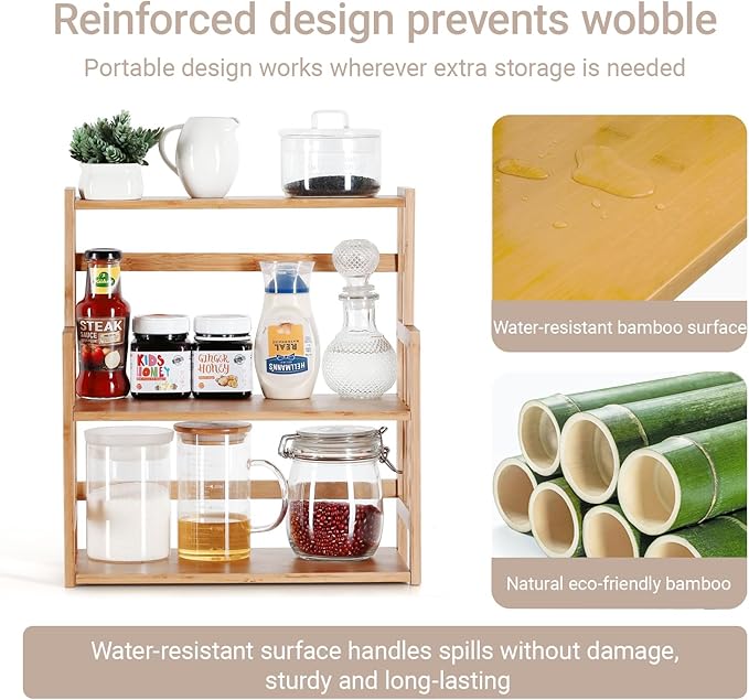 HYNAWIN Bamboo Spice Rack 3-Tier Kitchen Countertop Organizer, Adjustable Shelf Pantry Storage Stand for Herbs, Jars, and Bottles