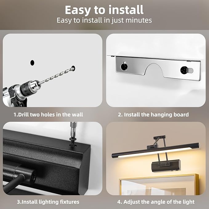 17"Battery Operated Picture Light, 5200mAh Rechargeable Wall Light for Paintings, 3-Color & Dimmable LED Art Light with 270° Rotate Arm, Cordless Frame Lighting for Gallery, Living Room, Black