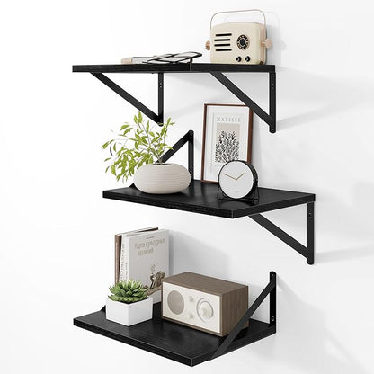 Heimlove Deep Floating Shelves for Wall, 12 Inch Deep Floating Shelves Set of 3, 16W x 12D Wood Wall Shelves, Wide Wood Shelves with Metal Bracket for Living Room, Kitchen, Office, Bedroom - Black