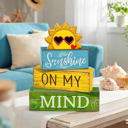 4 Pcs Summer Table Decor Wooden Sunshine Beach Tiered Tray Decor Rustic Farmhouse Sunshine Block Signs Gifts Summer Table Centerpieces for Home Kitchen Coffee Bar Shelf Office Decorations