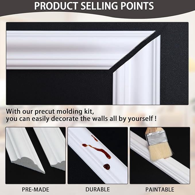 6-Frame Premade Accent Wall Molding Kit, Ready-to-Assemble Wainscoting Panels, Pre-Cut Chair Rail Moulding Trim for Home Décor