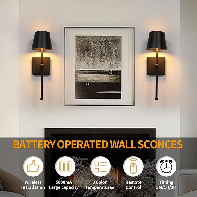 Battery Operated Wall Sconce Rechargeable Wireless Cordless Wall lamp Decor Set of one Black for Bedroom Living Room Bedside