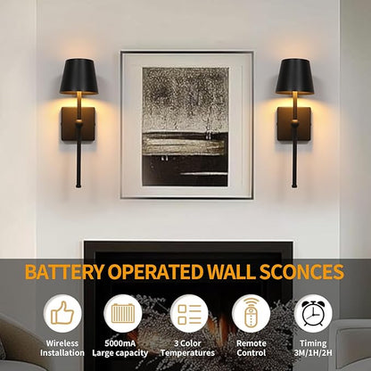 Battery Operated Wall Sconce Rechargeable Wireless Cordless Wall lamp Decor Set of Two Black for Bedroom Living Room Bedside