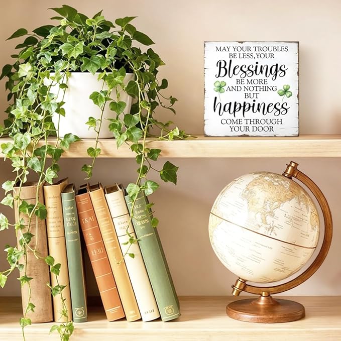 May Your Troubles Be Less And Your Blessings Be More Wood Block Plaque Box Sign for Home Living Room Coffee House Bar Shelf Table Office Decoration, Irish Blessing Decor Gifts for Family