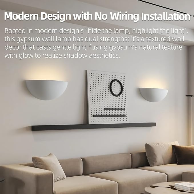 Repaintable Battery Operated Wall Sconce, Minimalist Half-Sphere Gypsum Rechargeable Wall Light with 5000mAh Dimmable Magnetic Bulb Remote, 12 RGB Colors Wireless Wall Lamp for Bedroom, Hallway Decor