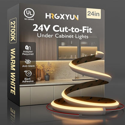 Hardwired LED Cabinet Lighting Strip - UL Listed 24V Flexible Under Shelf Light with Adhesive Backing, 2700K Warm White 810LM/M LED Strip for Closet, Pantry,24in/2ft，Power adapter not included
