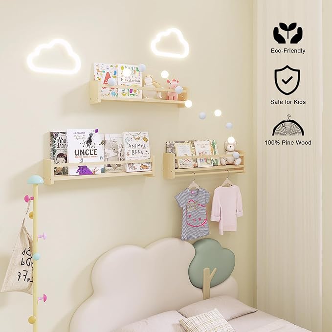 Nursery Floating Bookshelf for Kids, Wall Mounted Kids Book Shelf with Toy Storage, Pine Wood Nursery Shelves for Playroom, Bedroom, Toddler Room, Set of 3 (Pine, 15.8 Inches)