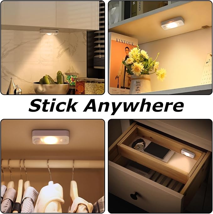 LED Motion Sensor Puck Lights, Rechargeable Cabinet Lights, Stick on Wireless LED Night Light for Closet, Drawer, Shelf, Under Cabinet, Warm White 4Pack, USB Charging Cord Included