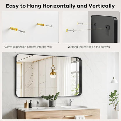 Blck Bathroom Mirror for Over Sink - 20x40 Inch Metal Framed Round Corner Bathroom Mirror for Wall, Matte Large Vanity Mirror for Restroom, Entryway, Hanging Vertically or Horizontally