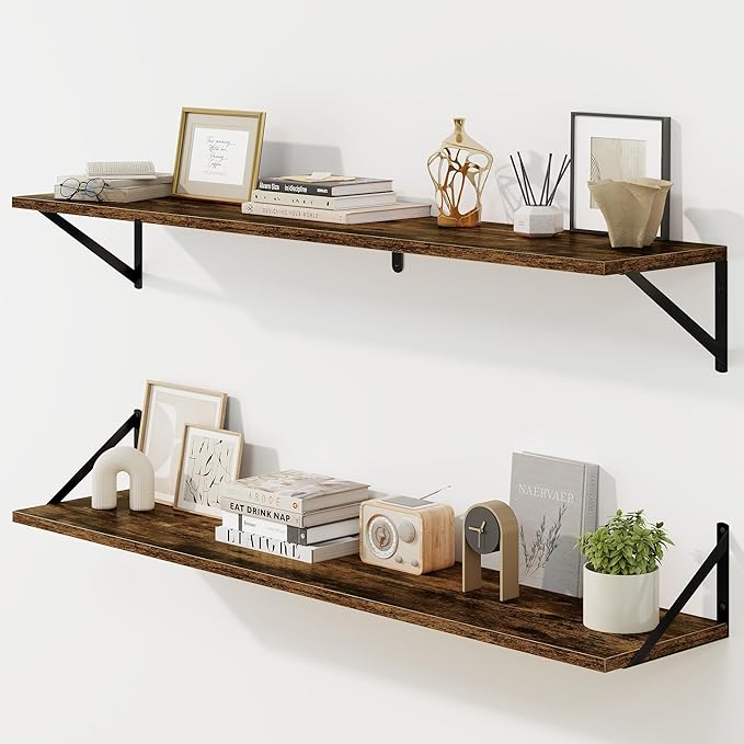 Fun Memories Deep Floating Shelves for Wall, 48W x 8D Wall Mounted Shelves Set of 2, Wide Display Ledge Shelf with Sturdy Metal Brackets for Living Room, Bathroom, Bedroom and Kitchen, Rustic Brown