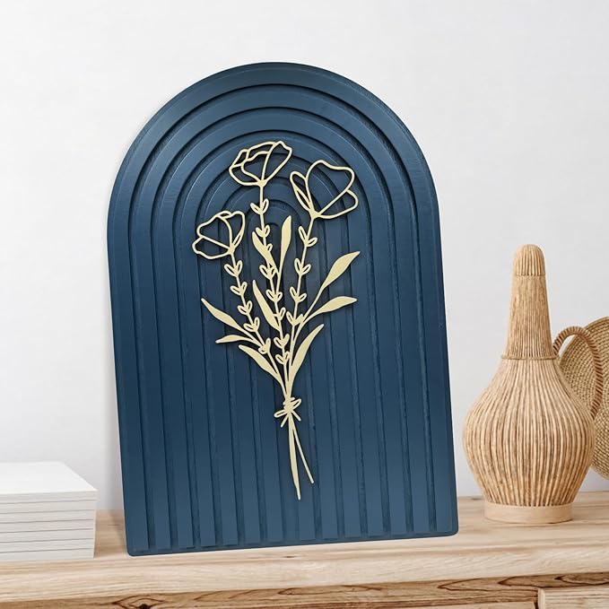 Teeloray Boho Wall Decor Wooden Arch Floral Mid Century Modern Shelf Decor Aesthetic Bohemian Art Wall Hanging Decor with 3D Hollow Craft Minimalist Wall Art for Bookshelf Living Room Bedroom