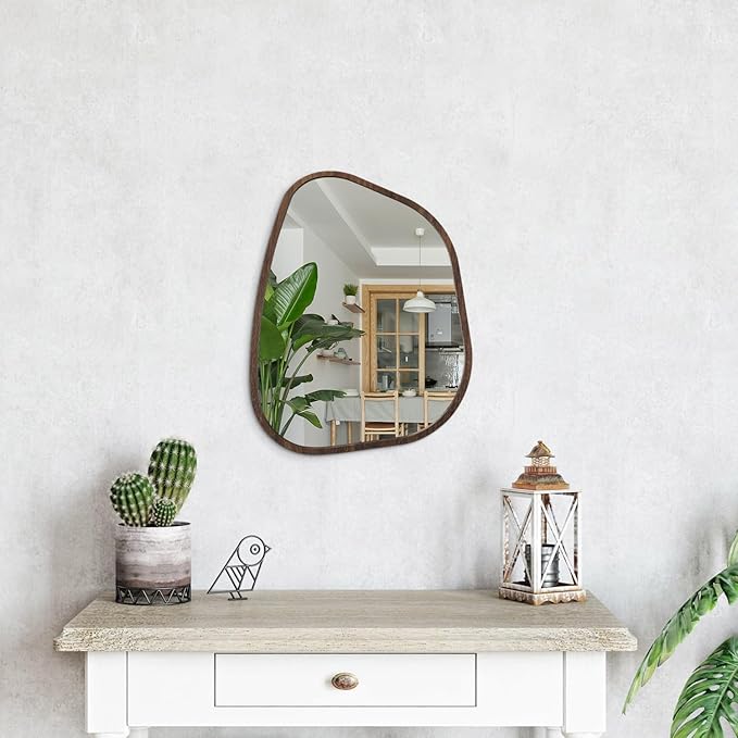 Irregular Wooden Framed Wall Mirror Modern Oval Asymmetrical Unique Hanging Mirror Artistic Wavy Mirror Decor Bathroom Vanity Bedroom Living Room Entryway Hallway Large Brown16 x12