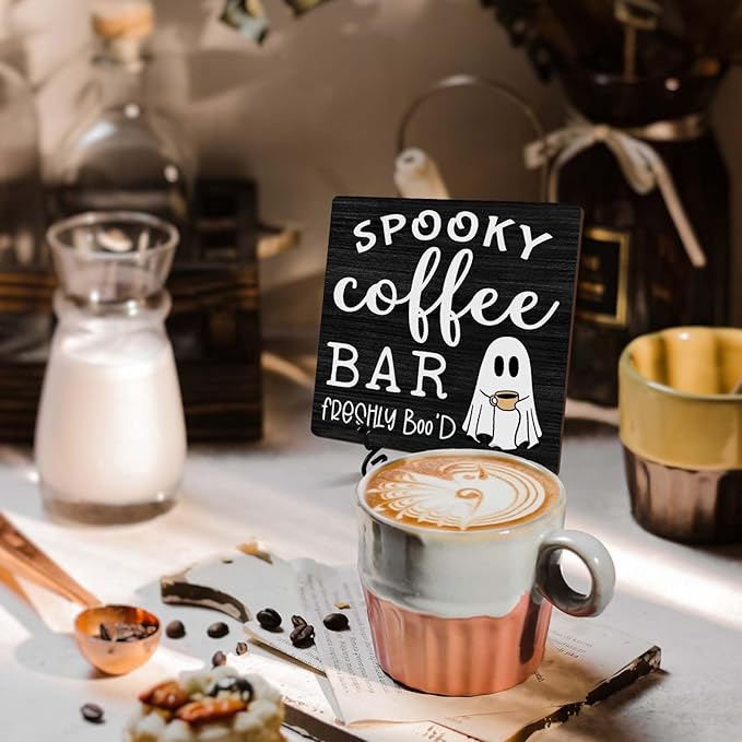 Halloween Coffee Bar Decor, Freshly Booed Wooden Coffee Signs for Home Office Desk Shelf, Spooky Ghost Tabletop Centerpieces for Kitchen Accessories - A07