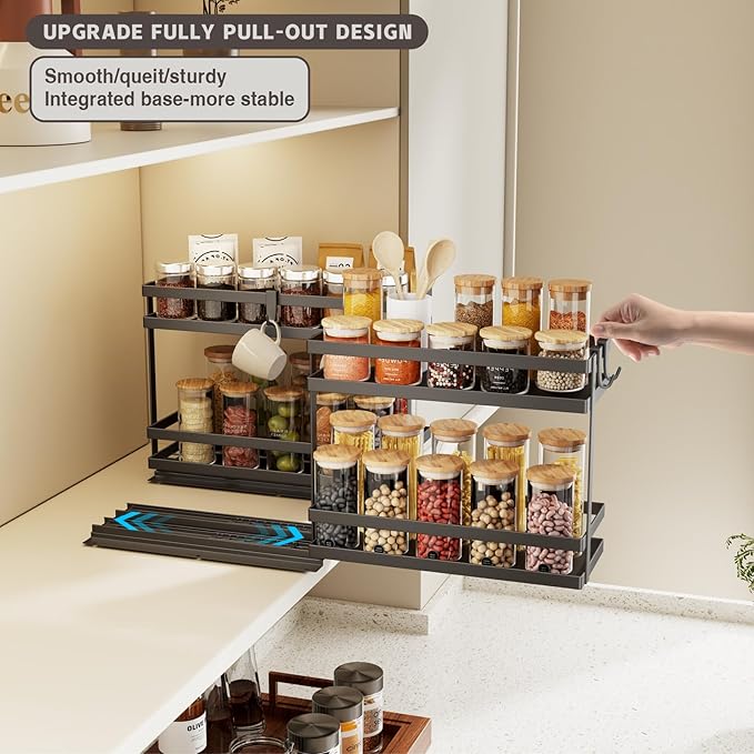 Pull Out Spice Rack Organizer for Cabinet, 2 Pack Metal Seasoning Organizer Slide Out Spice Storage Shelf No Assembly Vertical Spice Rack Pullout for Kitchen & Bahthroom No Drill(2 Tier,Black)
