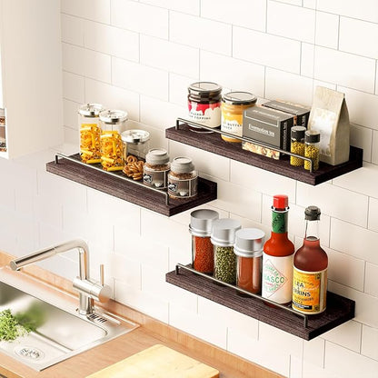 Floating Shelves, Bathroom Decor Shelves Over Toilet, Farmhouse Wall Shelves for Living Room, Bedroom, Picture Frames, Plants, Kitchen, Set of 3 (Walnut Brown)
