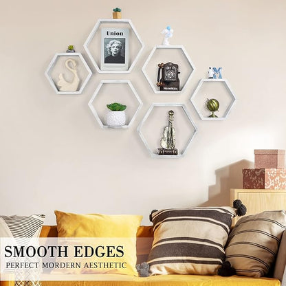 NORCEESAN Hexagon Floating Shelves Set of 6 Honeycomb Shelves Wooden Farmhouse Hexagonal Shelf for Wall Decor Hanging Shelves Honeycomb Storage Shelf for Bedroom Living Room Nursery, Grey-White