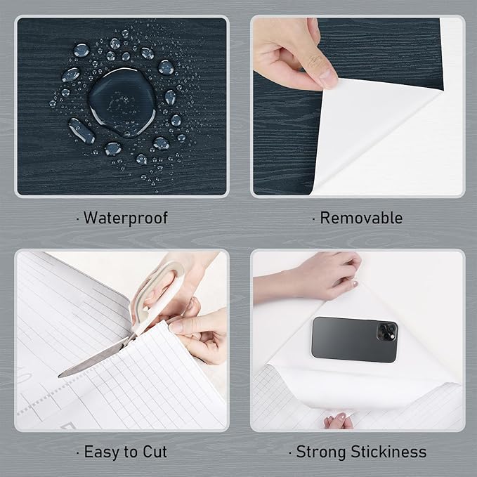 Wallercity Navy Blue Wood Grain Countertop Contact Paper Waterproof 15.8"x236" Kitchen Wallpaper Wood Contact Paper Peel and Stick Counter Top Wrap Faux Wooden Wallpaper for Bedroom Cabinet Vinyl