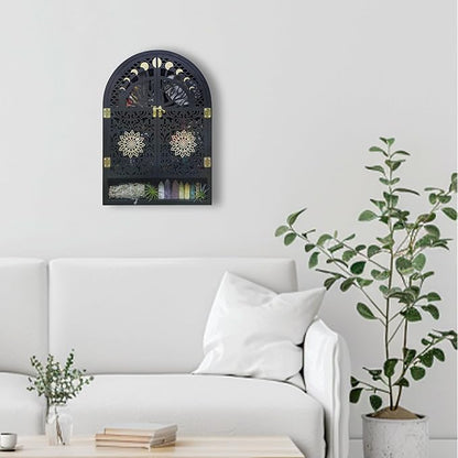 Large Crystal Display Shelf for Wall, Crescent Moon Phase Shelf Wall Decor, Wooden Arch Shelf, Tree of Life Crystal Holder Organizer, Cabinet for Gem Stone Rock, Spiritual Home Room Decor
