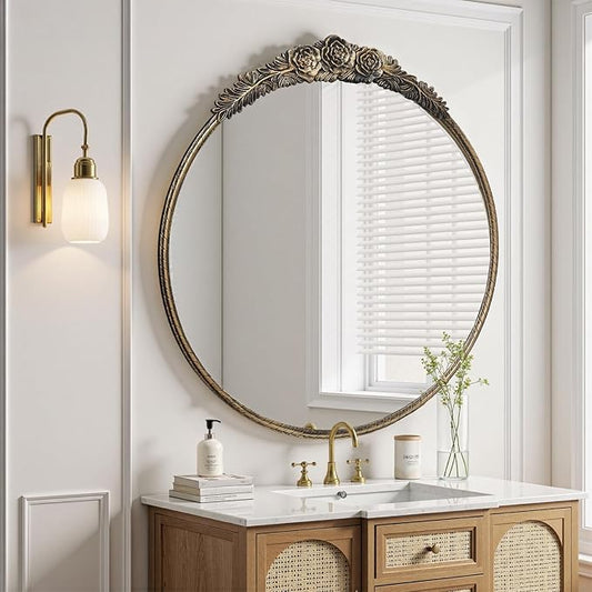 Growsun Round Wall Mirror with Vintage Black Floral Frame – 24 Inch Decorative Wall Mirror for Living Room, Bedroom, Entryway, Bathroom Vanity – Elegant Antique Accent Home Décor