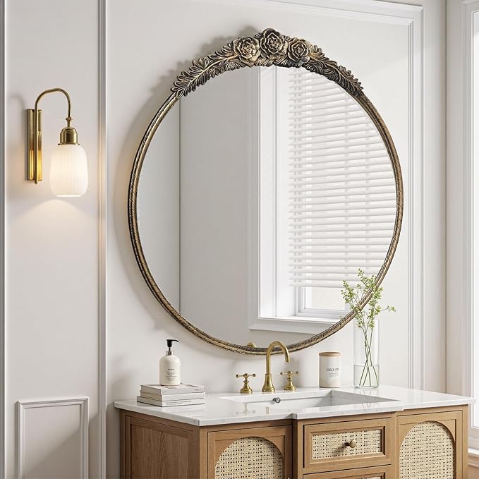 Growsun Round Wall Mirror with Vintage Black Floral Frame – 24 Inch Decorative Wall Mirror for Living Room, Bedroom, Entryway, Bathroom Vanity – Elegant Antique Accent Home Décor