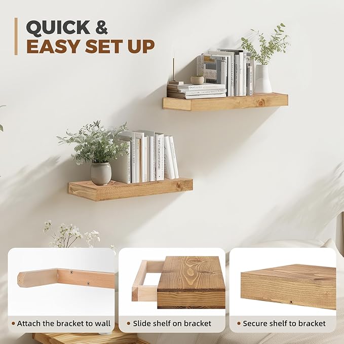 17x6.8x2 Inch Rustic Floating Shelves for Wall Set of 2 - Oak Solid Wood Wall Mounted Shelves with Invisible Bracket, Compact Design for Farmhouse Living Room Bedroom Kitchen Decor