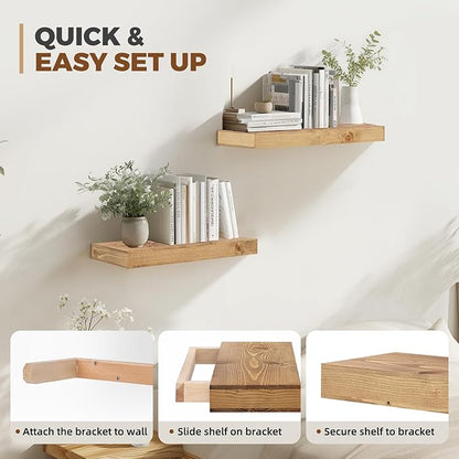 17x6.8x2 Inch Rustic Floating Shelves for Wall Set of 2 - Oak Solid Wood Wall Mounted Shelves with Invisible Bracket, Compact Design for Farmhouse Living Room Bedroom Kitchen Decor