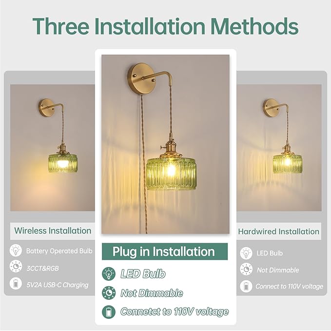 Vintage Wall Sconce with Green Striped Glass Shade Hanging Wall Sconce with 4.9FT Plug in Cord, Modern Wall Lamp Fixtures Decor for Bedside Bedroom Indoor Doorway, Set of 2