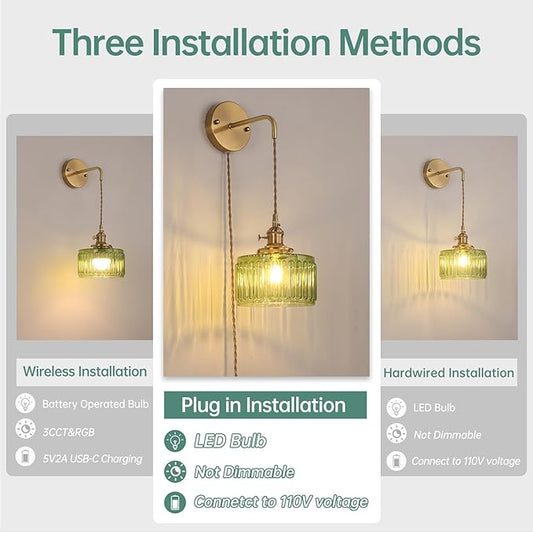 Vintage Wall Sconce with Green Striped Glass Shade Hanging Wall Sconce with 4.9FT Plug in Cord, Modern Wall Lamp Fixtures Decor for Bedside Bedroom Indoor Doorway, Set of 2