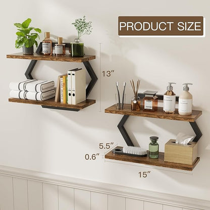 Floating Shelf- Floating Shelf for Wall Set of 2, 2 Tier Shelves for Wall for Bathroom, Bedroom, Toilet, Kitchen, Living Room, Office, Rustic Brown