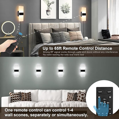 Plug in Wall Sconces with Adjustable 3000K-6500K Colors & 10%-100% Brightness, Wall Sconces Set of Two with Remote, 12W Acrylic LED Plug in Wall Light, Sconces Wall Decor Set of 2 (2 PACK,Black)