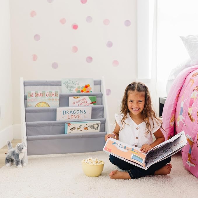 Wildkin Wooden Sling Bookshelf for Kids – Premium Canvas Design with 4 Fabric Shelves, Organizer for Home or Classroom - White w/Gray